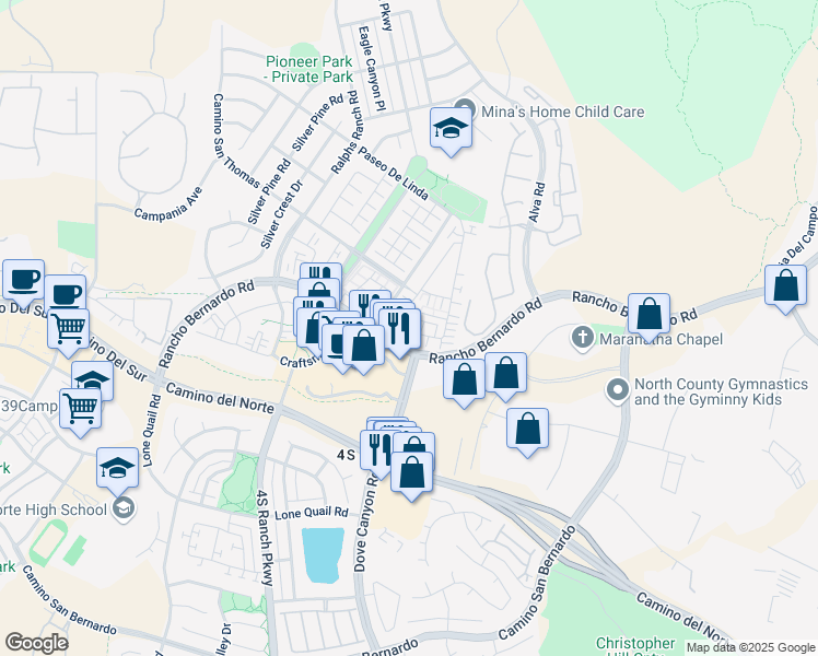 map of restaurants, bars, coffee shops, grocery stores, and more near 10482 Hollingsworth Way in San Diego