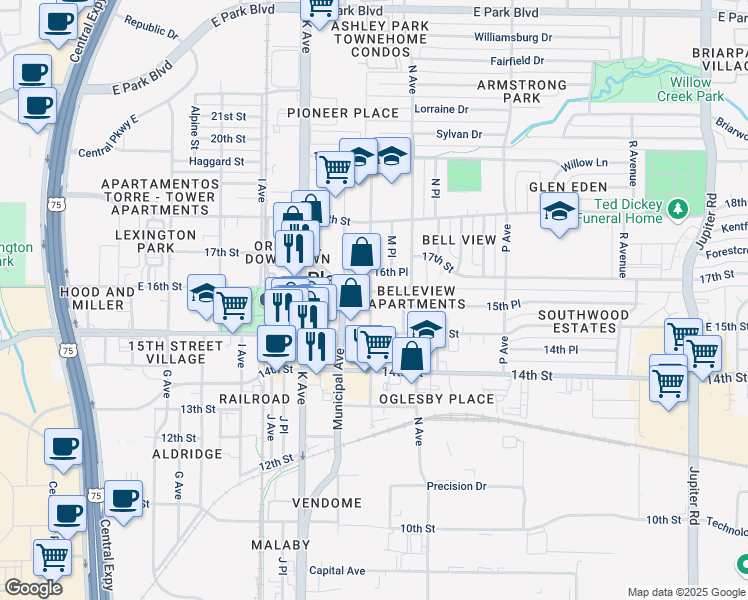map of restaurants, bars, coffee shops, grocery stores, and more near 1304 East 16th Street in Plano