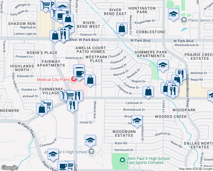 map of restaurants, bars, coffee shops, grocery stores, and more near 3621 Westview Lane in Plano