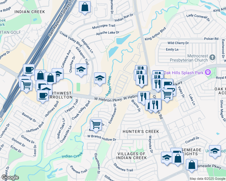 map of restaurants, bars, coffee shops, grocery stores, and more near 1112 Creektree Drive in Carrollton