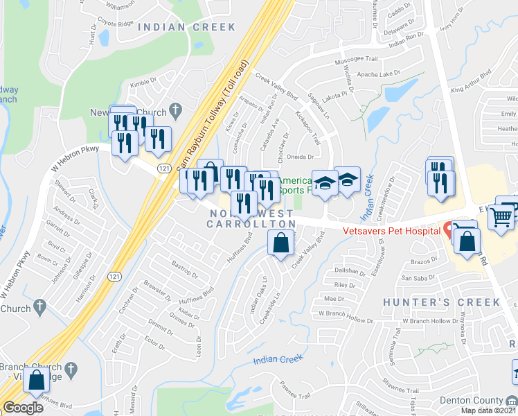 map of restaurants, bars, coffee shops, grocery stores, and more near 1412 West Hebron Parkway in Carrollton