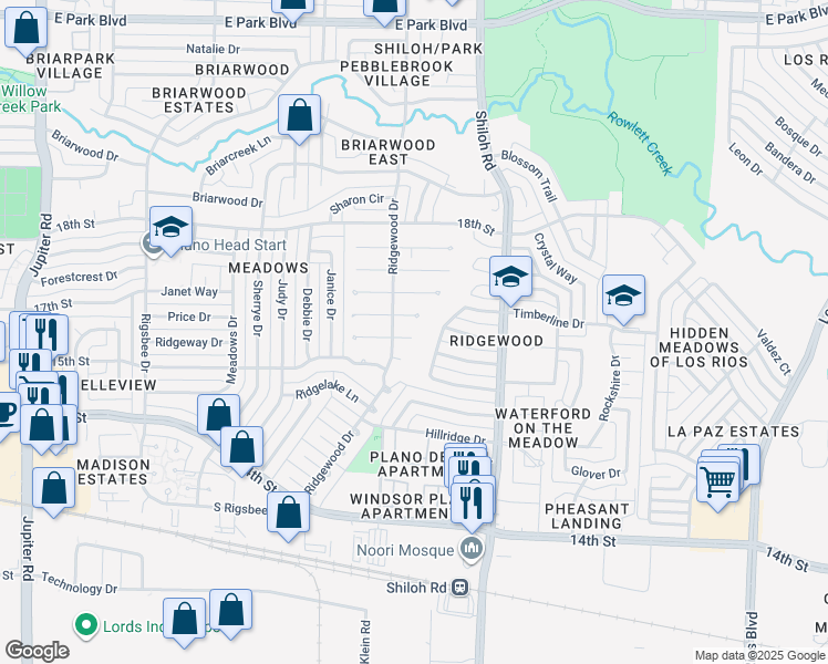 map of restaurants, bars, coffee shops, grocery stores, and more near 3 Eastglen Place in Plano