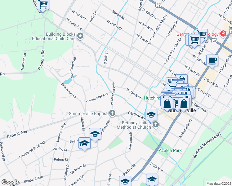 map of restaurants, bars, coffee shops, grocery stores, and more near 525 West Carolina Avenue in Summerville