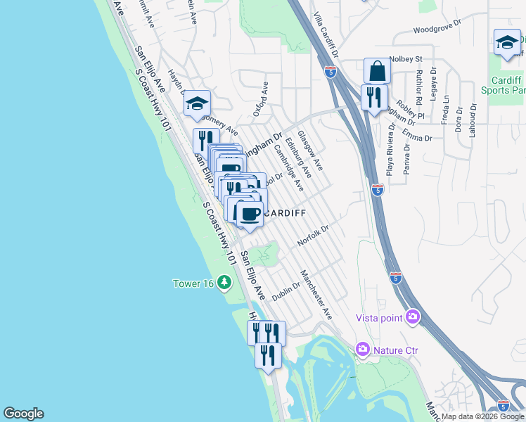 map of restaurants, bars, coffee shops, grocery stores, and more near 2150 Manchester Avenue in Encinitas