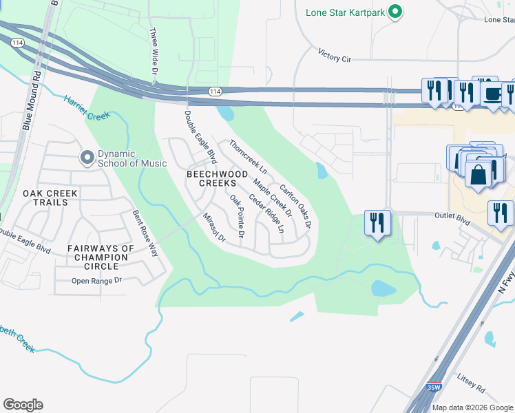 map of restaurants, bars, coffee shops, grocery stores, and more near 2824 Cedar Ridge Lane in Fort Worth