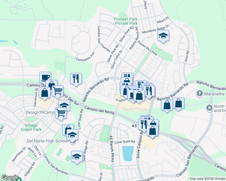 map of restaurants, bars, coffee shops, grocery stores, and more near 10362 Craftsman Way in San Diego