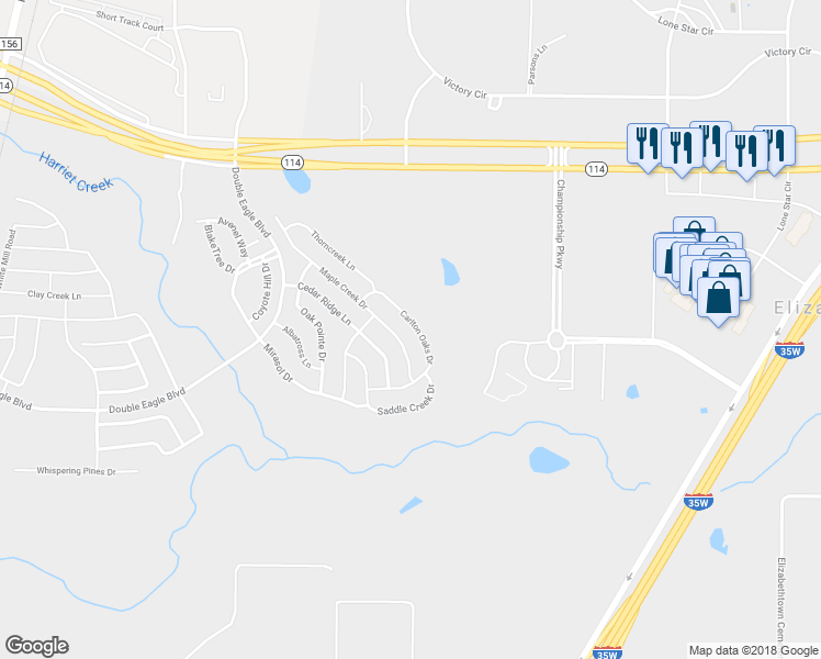 map of restaurants, bars, coffee shops, grocery stores, and more near 15741 Carlton Oaks Drive in Fort Worth