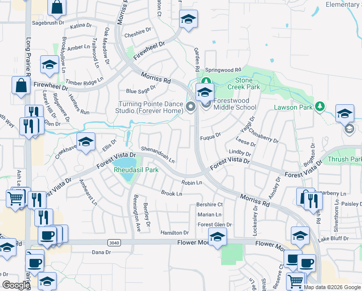 map of restaurants, bars, coffee shops, grocery stores, and more near 2605 Potomac Drive in Flower Mound
