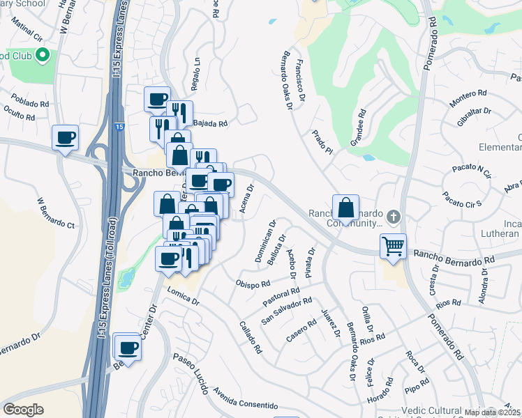 map of restaurants, bars, coffee shops, grocery stores, and more near 17015 Hierba Drive in San Diego