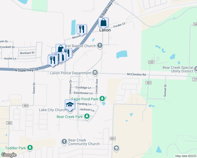 map of restaurants, bars, coffee shops, grocery stores, and more near 522 Lincoln Avenue in Lavon