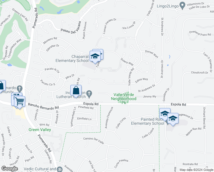 map of restaurants, bars, coffee shops, grocery stores, and more near 13049 Edina Way in Poway