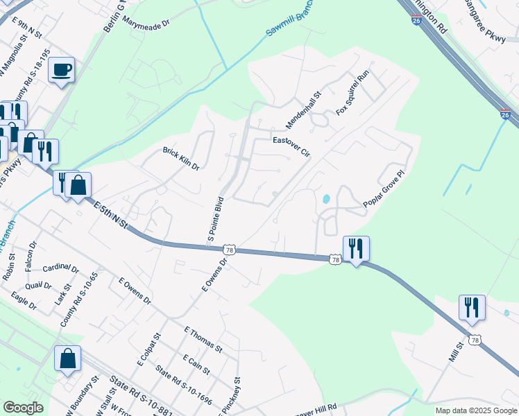 map of restaurants, bars, coffee shops, grocery stores, and more near 210 Eastover Circle in Summerville