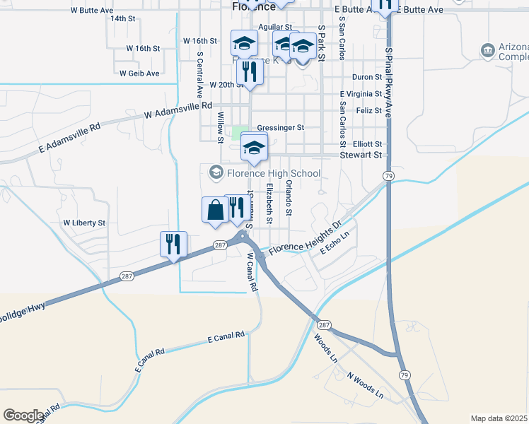 map of restaurants, bars, coffee shops, grocery stores, and more near 1211 South Main Street in Florence