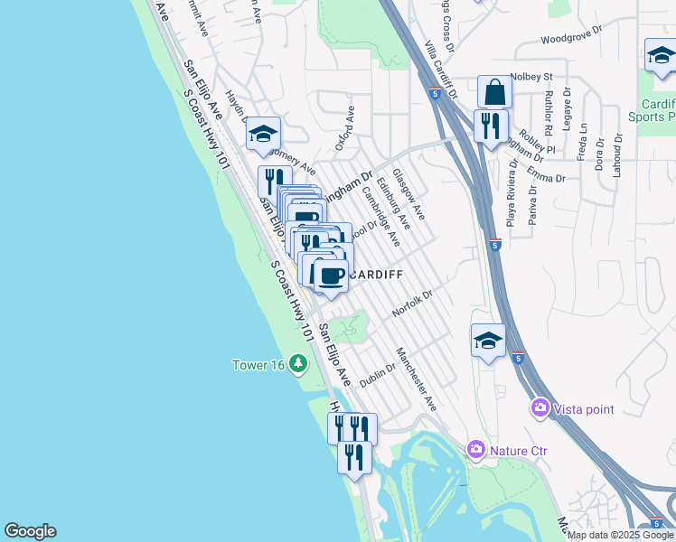 map of restaurants, bars, coffee shops, grocery stores, and more near 2150 Manchester Avenue in Encinitas