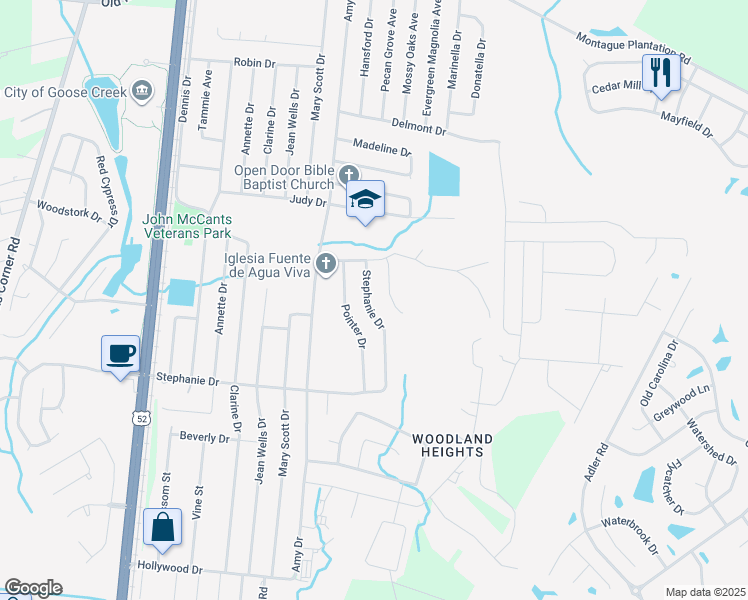 map of restaurants, bars, coffee shops, grocery stores, and more near 442 Stephanie Drive in Goose Creek