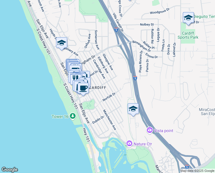 map of restaurants, bars, coffee shops, grocery stores, and more near 2224 Cambridge Avenue in Encinitas