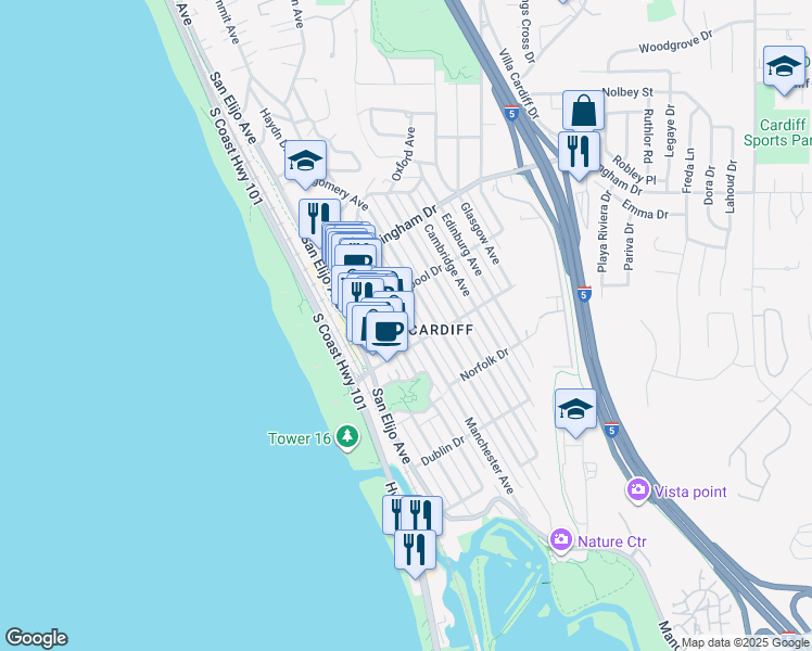 map of restaurants, bars, coffee shops, grocery stores, and more near 2154 Manchester Avenue in Encinitas