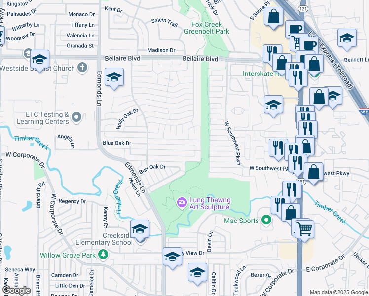 map of restaurants, bars, coffee shops, grocery stores, and more near 712 Blue Oak Drive in Lewisville