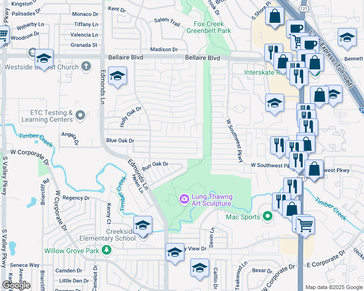 map of restaurants, bars, coffee shops, grocery stores, and more near 712 Blue Oak Drive in Lewisville