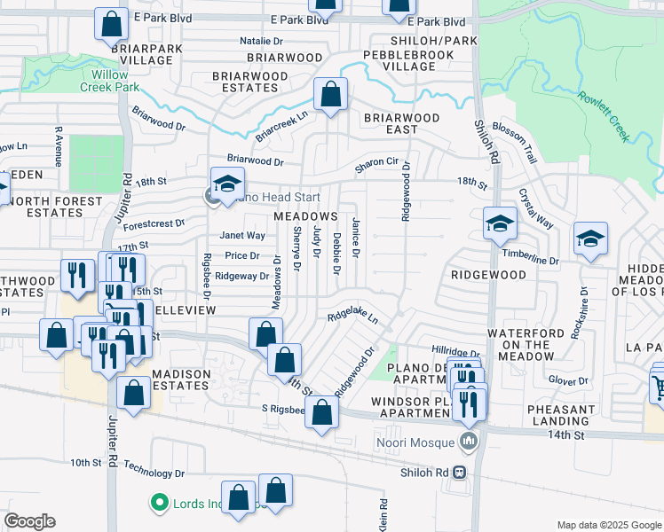 map of restaurants, bars, coffee shops, grocery stores, and more near 1517 Debbie Drive in Plano
