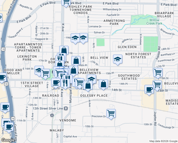 map of restaurants, bars, coffee shops, grocery stores, and more near 1407 15th Place in Plano