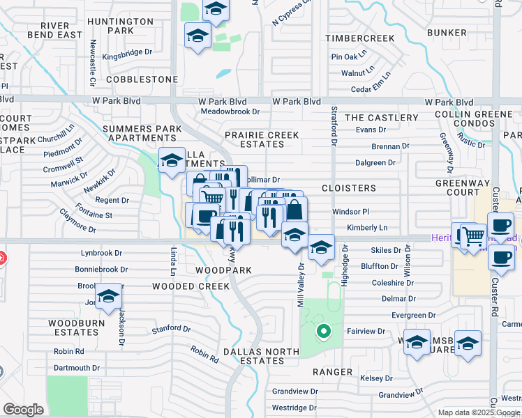 map of restaurants, bars, coffee shops, grocery stores, and more near 2804 Regal Road in Plano