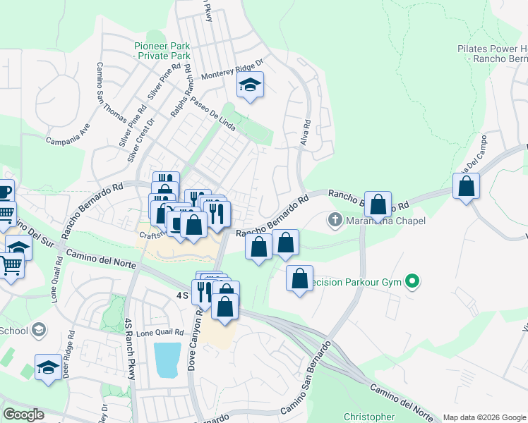 map of restaurants, bars, coffee shops, grocery stores, and more near 17030 Patina Street in San Diego
