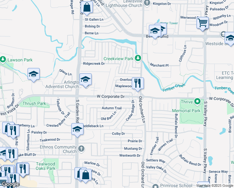 map of restaurants, bars, coffee shops, grocery stores, and more near 1828 Orchard Drive in Lewisville