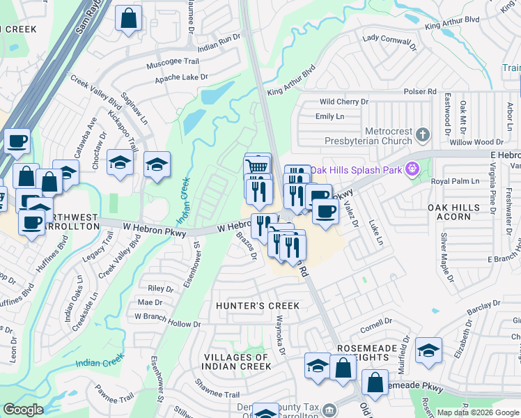 map of restaurants, bars, coffee shops, grocery stores, and more near 1008 West Hebron Parkway in Carrollton