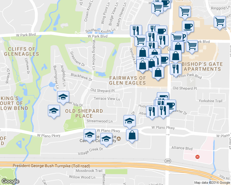map of restaurants, bars, coffee shops, grocery stores, and more near 1608 Ramsgate Circle in Plano