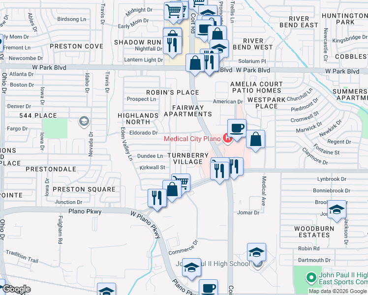 map of restaurants, bars, coffee shops, grocery stores, and more near 4073 Olympic Court in Plano