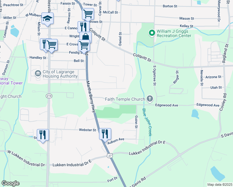 map of restaurants, bars, coffee shops, grocery stores, and more near 128 Brenda Boulevard in LaGrange
