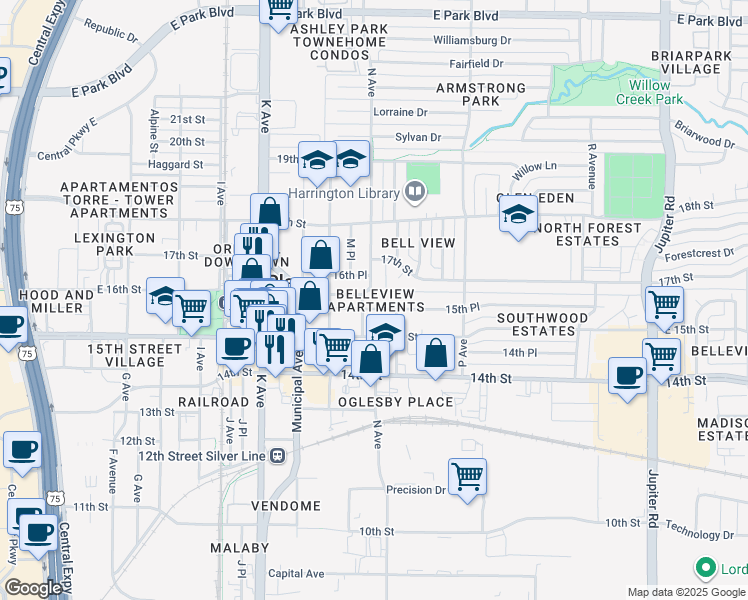 map of restaurants, bars, coffee shops, grocery stores, and more near 1407 15th Place in Plano