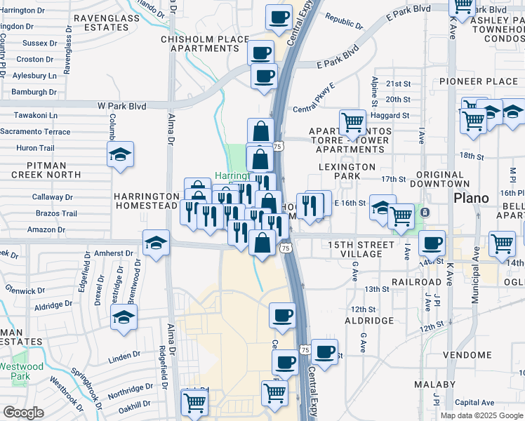 map of restaurants, bars, coffee shops, grocery stores, and more near 1517 North Central Expressway in Plano