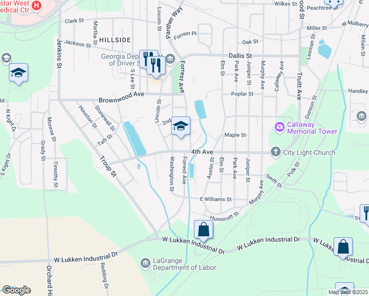 map of restaurants, bars, coffee shops, grocery stores, and more near 1200 Forrest Avenue in LaGrange