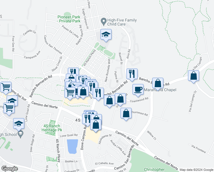map of restaurants, bars, coffee shops, grocery stores, and more near 16933 New Rochelle Way in San Diego