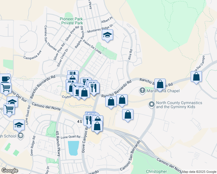 map of restaurants, bars, coffee shops, grocery stores, and more near 16943 New Rochelle Way in San Diego