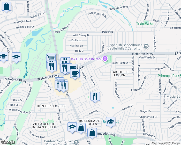 map of restaurants, bars, coffee shops, grocery stores, and more near 3942 Luke Lane in Carrollton