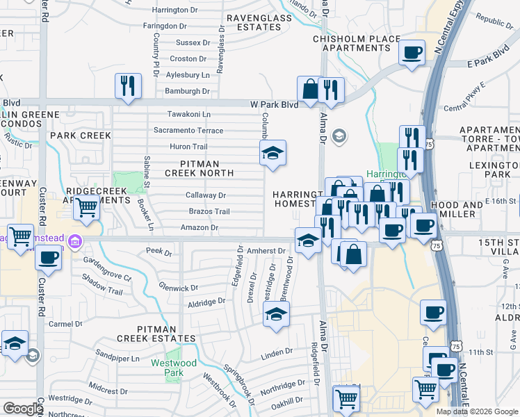 map of restaurants, bars, coffee shops, grocery stores, and more near 1401 Brazos Trail in Plano