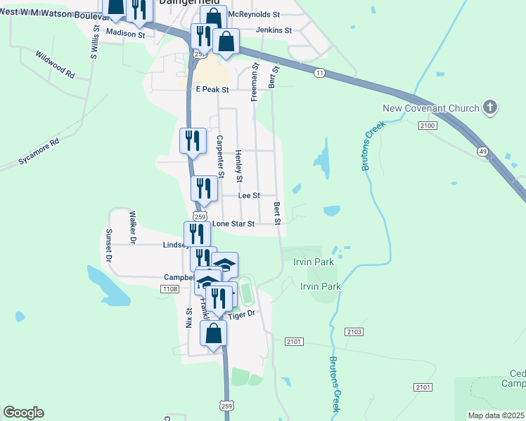 map of restaurants, bars, coffee shops, grocery stores, and more near 1011 Freeman Street in Daingerfield