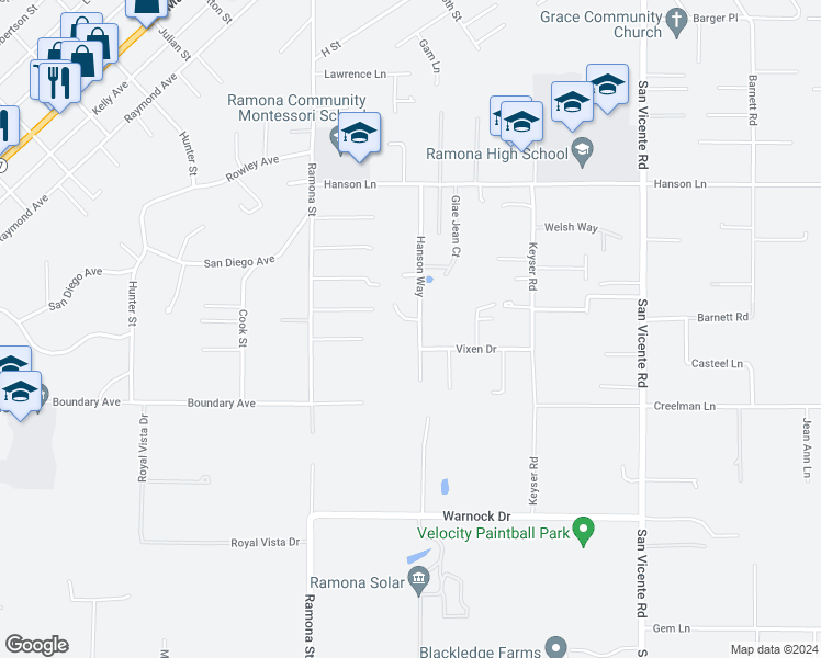 map of restaurants, bars, coffee shops, grocery stores, and more near 1287 Hanson Way in Ramona
