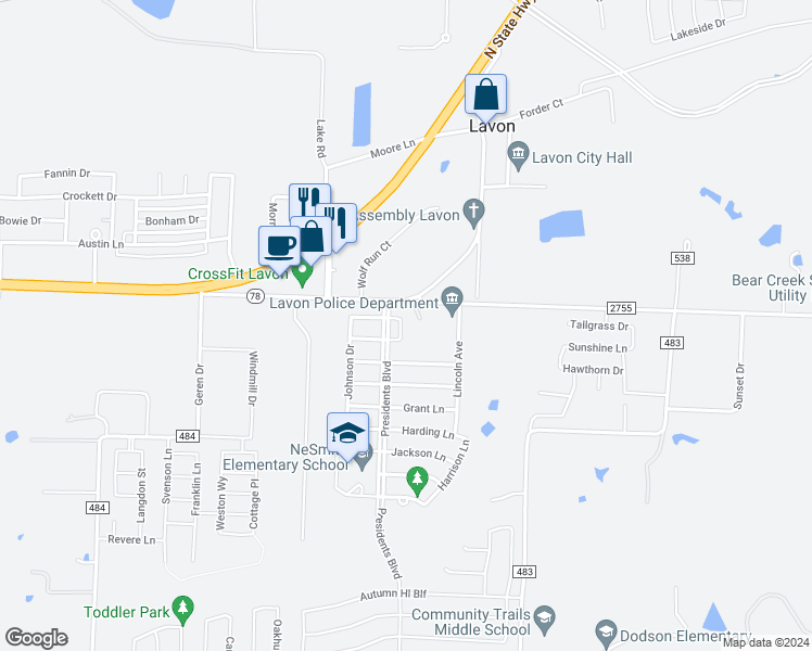 map of restaurants, bars, coffee shops, grocery stores, and more near 538 Arthur Drive in Lavon