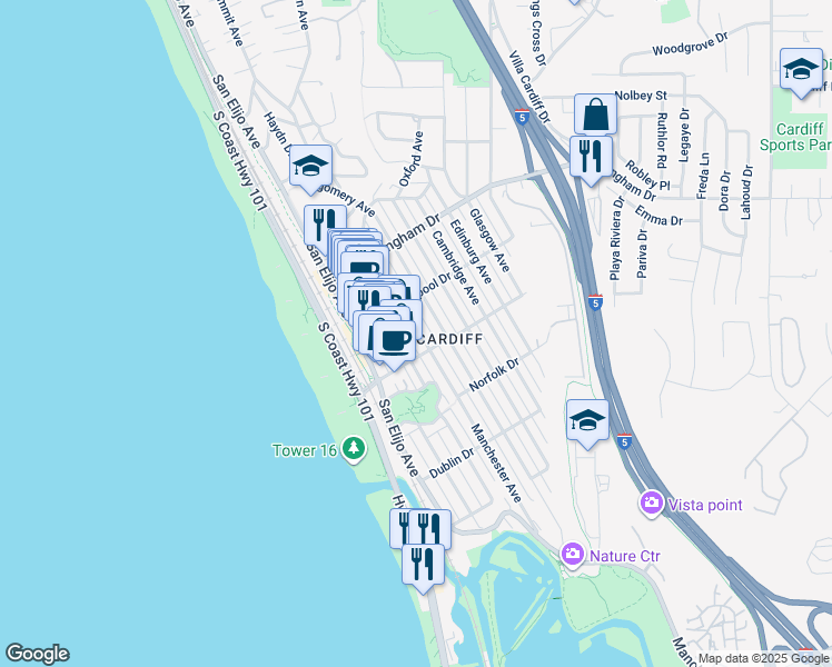 map of restaurants, bars, coffee shops, grocery stores, and more near 2154 Manchester Avenue in Encinitas