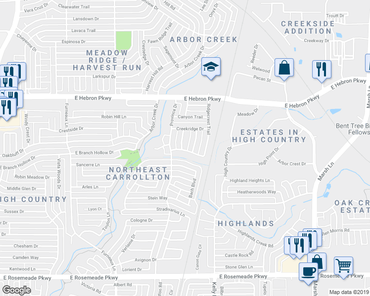 map of restaurants, bars, coffee shops, grocery stores, and more near 4000 Echoridge Drive in Carrollton