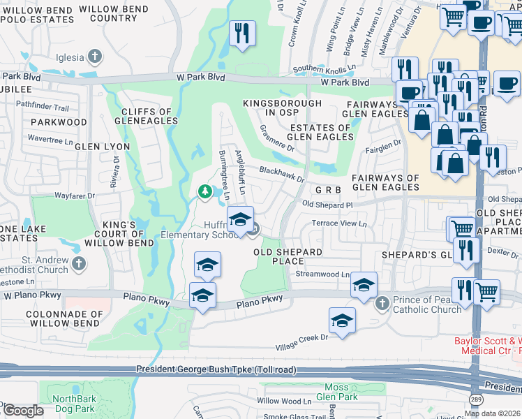 map of restaurants, bars, coffee shops, grocery stores, and more near 1413 Mockingbird Dr in Plano