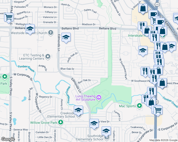 map of restaurants, bars, coffee shops, grocery stores, and more near 726 Blue Oak Drive in Lewisville