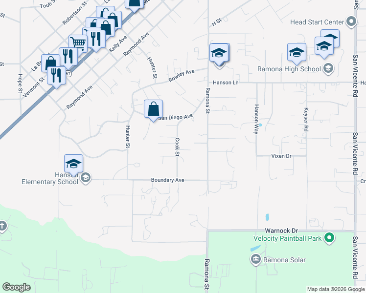 map of restaurants, bars, coffee shops, grocery stores, and more near 1174 Cook Street in Ramona