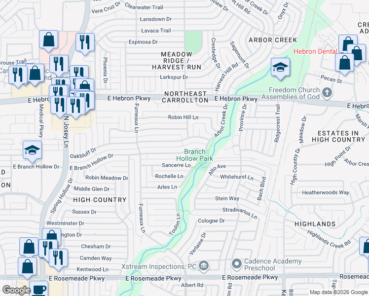 map of restaurants, bars, coffee shops, grocery stores, and more near 2033 East Branch Hollow Drive in Carrollton