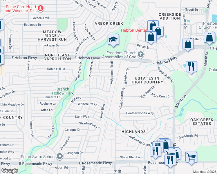 map of restaurants, bars, coffee shops, grocery stores, and more near 4005 Ridgecrest Trail in Carrollton