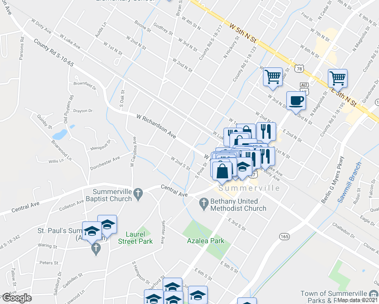 map of restaurants, bars, coffee shops, grocery stores, and more near 224 South Laurel Street in Summerville